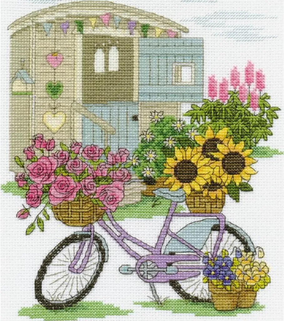 DMC Set de Point de Croix Vélo Fleuri Modèle à Compter en 20x25cm