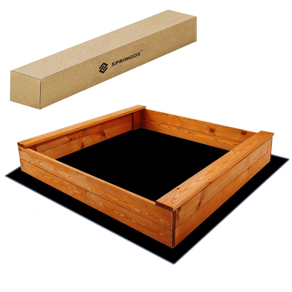 Springos Holzsandkasten 120x120 cm mit Sitzbänken imprägniert inkl. Bodenvlies
