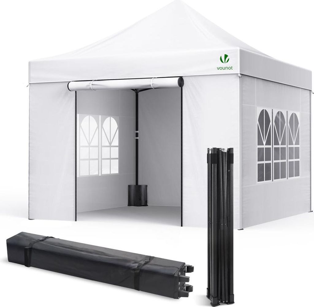 VOUNOT Pavillon 3x3m, Wasserdichter Faltpavillon, Faltbar Partyzelt mit 4 Seitenteilen, 4 Sandsäcke, Weiß
