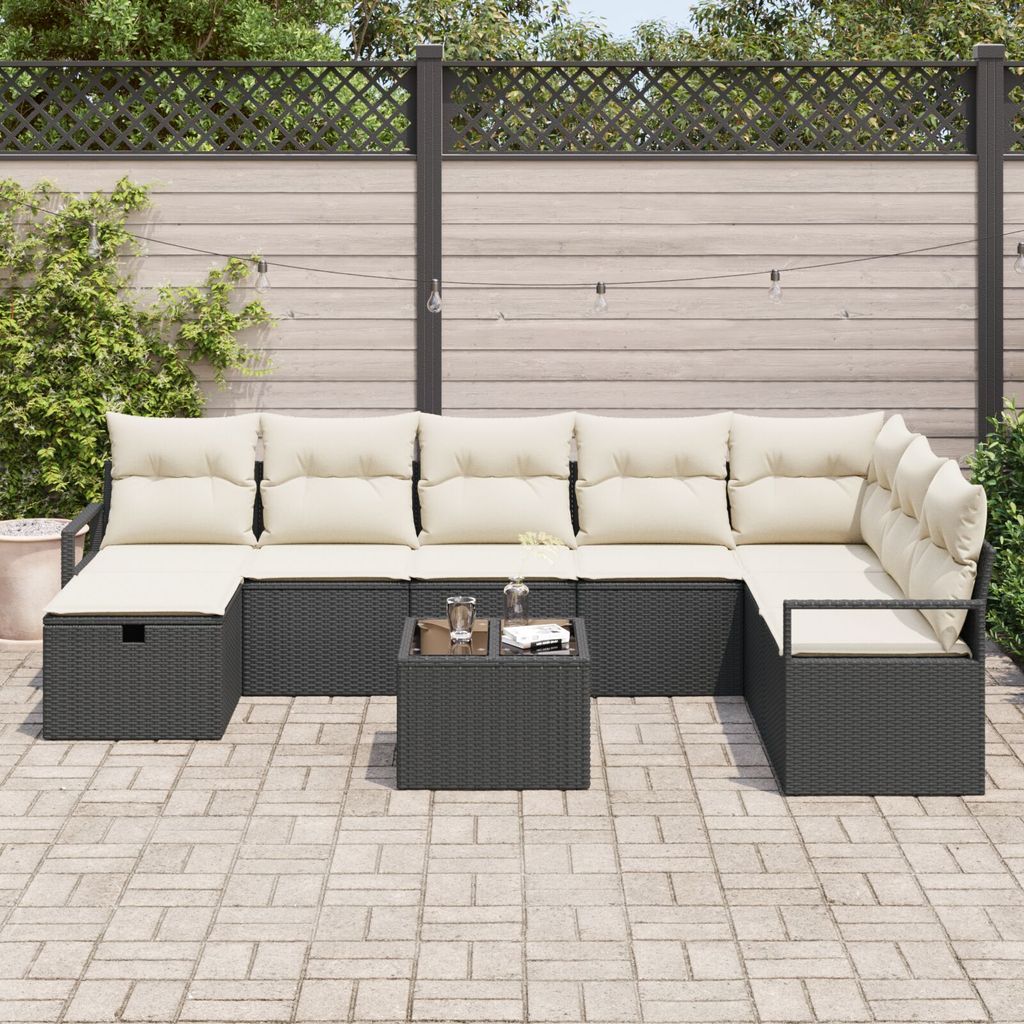 Möbel 9-teiliges Garten Sofaset mit Kissen aus schwarzem Poly-Rattan, 2-Sitzer Garten Sofa mit Kissen aus schwarzem Poly-Rattan - Gartensofas 3359236
