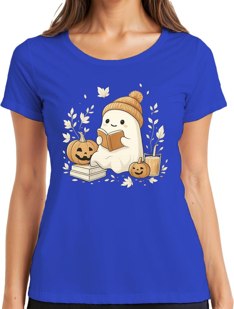 Halloween Süßes Gespenst liest Buch Herbst Kürbis kuschelig Lesen Damen T-Shirt, Blau, M