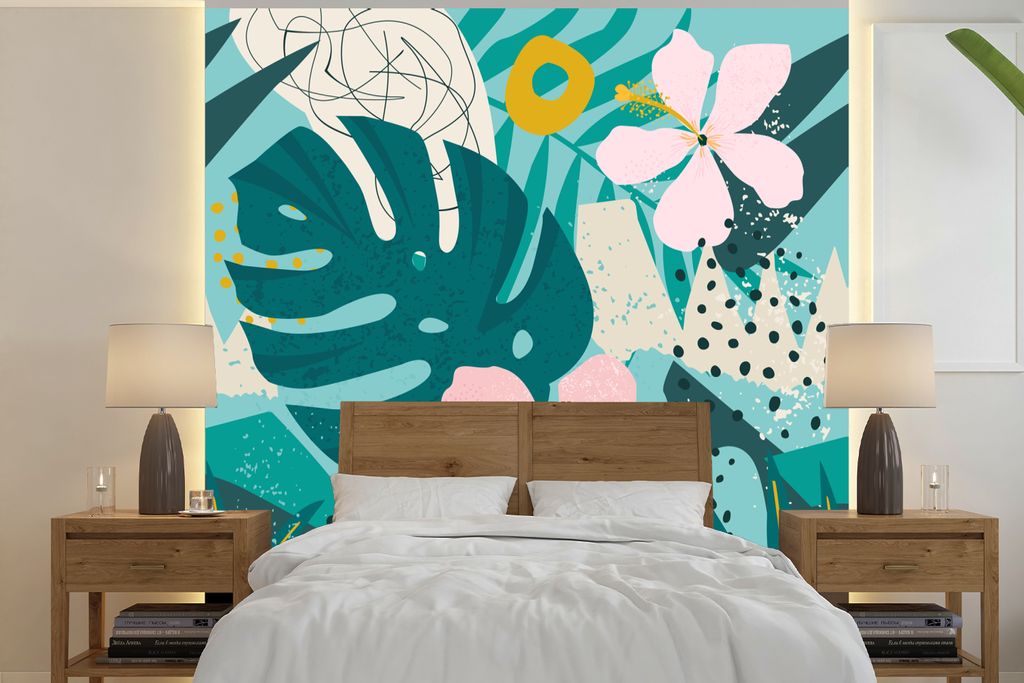 MuchoWow Fototapete für Wohnzimmer oder Schlafzimmer Wandtapete Vinyl Motivtapete Pflanzen - Illustration - Pastell - Kinder - Mädchen - Kinder...
