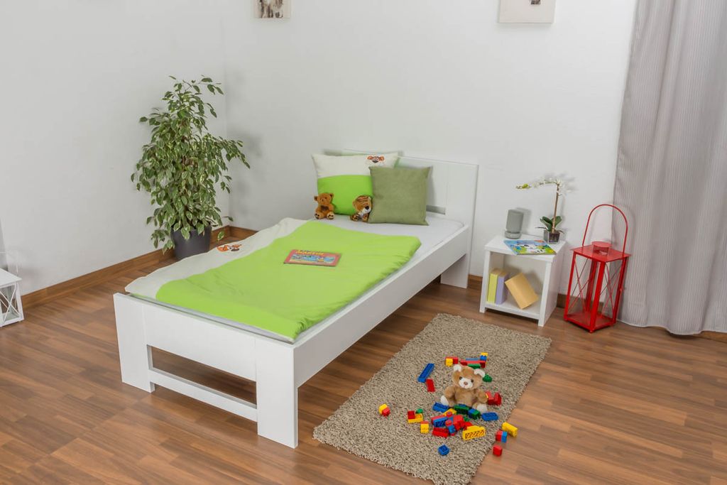 Kinderbett 90 x 200 cm | Massivholz: Buche | Weiß Lackiert
