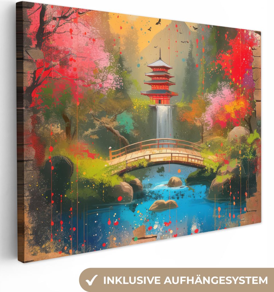 MuchoWow - Leinwandbilder - Graffiti - Japanischer Garten - Farbenfroh - Japan - Straßenkunst, Wandbild, Wanddeko Bilder Wohnzimmer, 40x30 cm