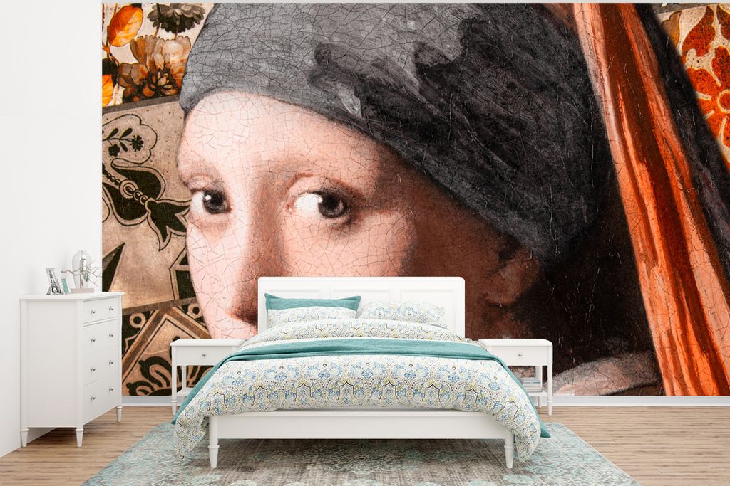 MuchoWow Fototapete für Wohnzimmer oder Schlafzimmer Wandtapete Vinyl Motivtapete Gemälde - Mädchen mit Perlenohrring - Orange - Schwarz - 320...