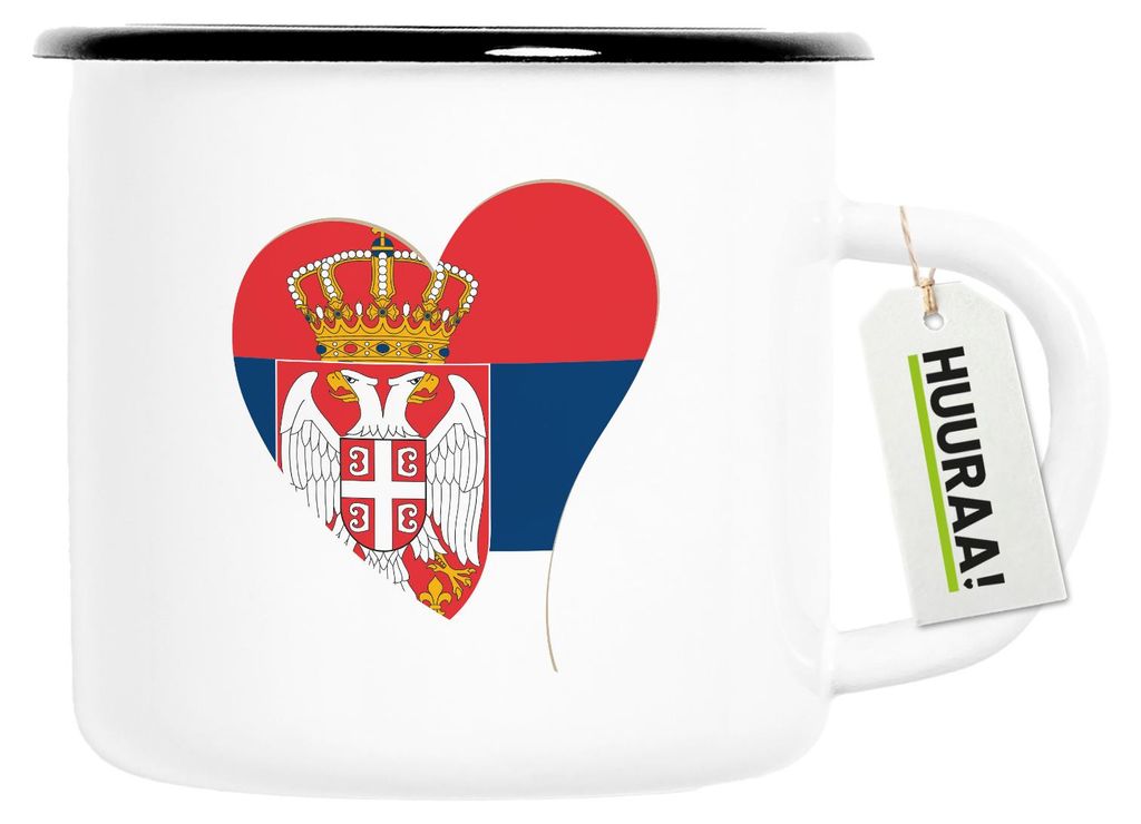 Huuraa Emaille Tasse Serbien Flagge Herz 300ml Vintage Campingbecher Geschenkidee
