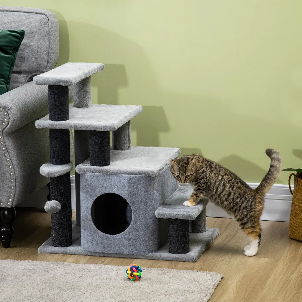 Aide à la montée pour chat âgé : escalier 3 marches avec dodo intégré