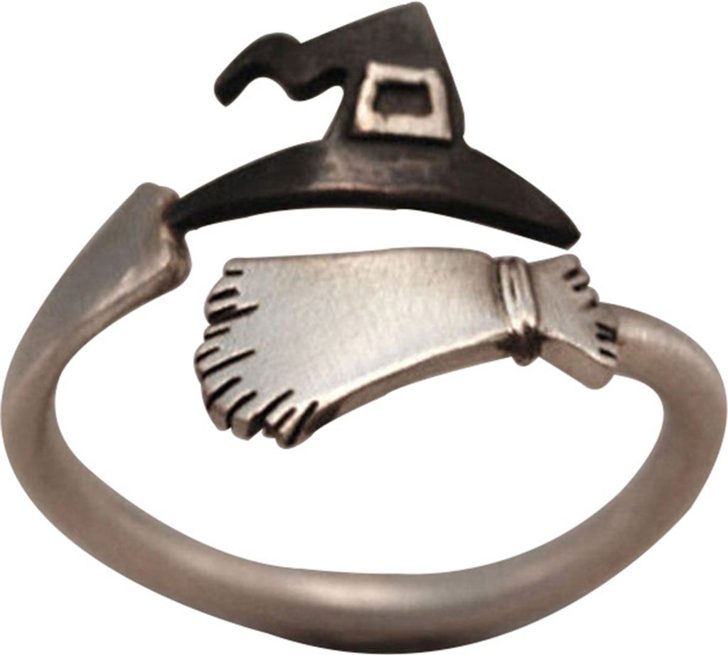 Niedlicher Frauen-Halloween-Hexenhut-Besen-offener Fingerring, verstellbarer Schmuck, Geschenk-Silber,US 7