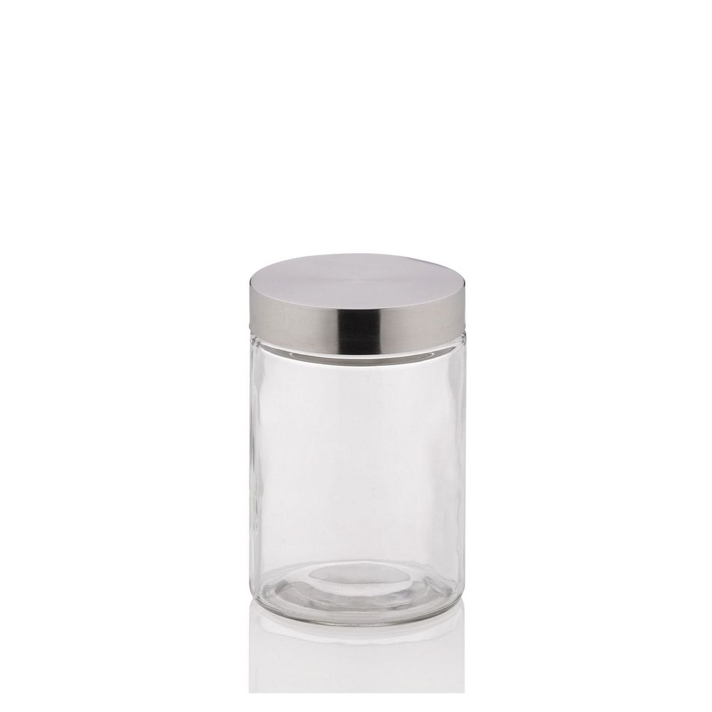 A clear glass jar with a silver lid is shown against a white background.