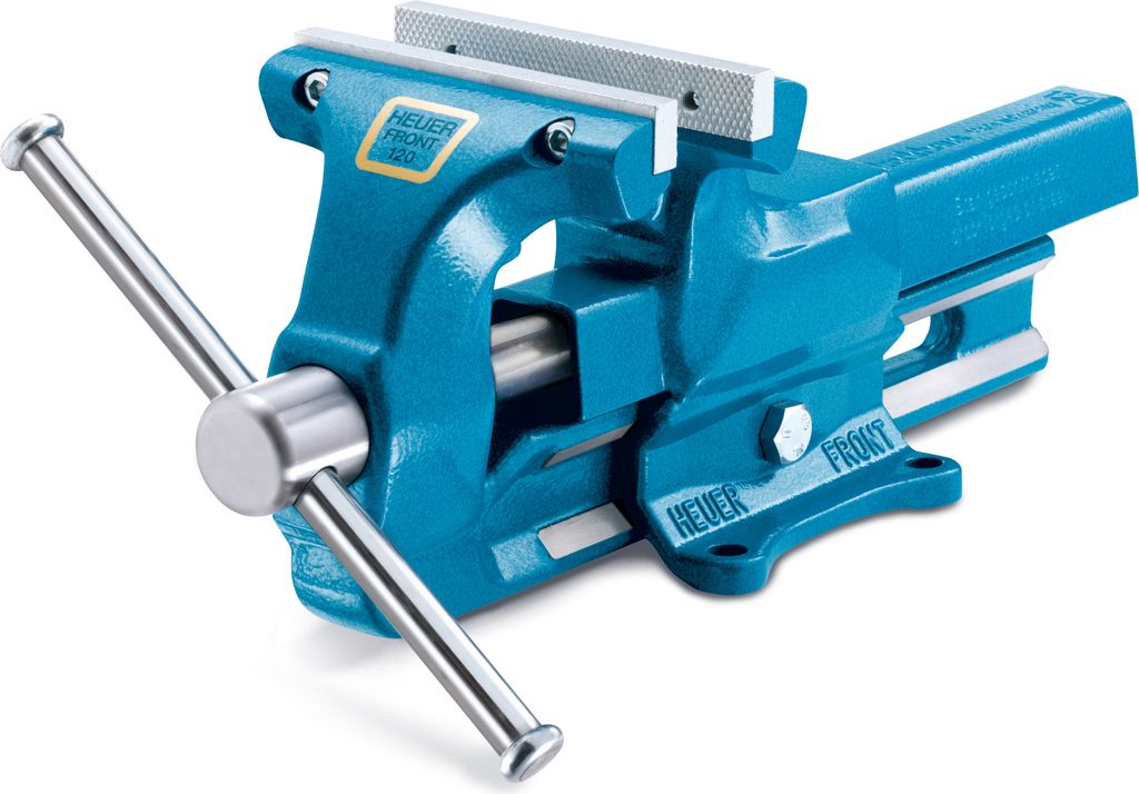 A blue metal vise is shown against a white background.