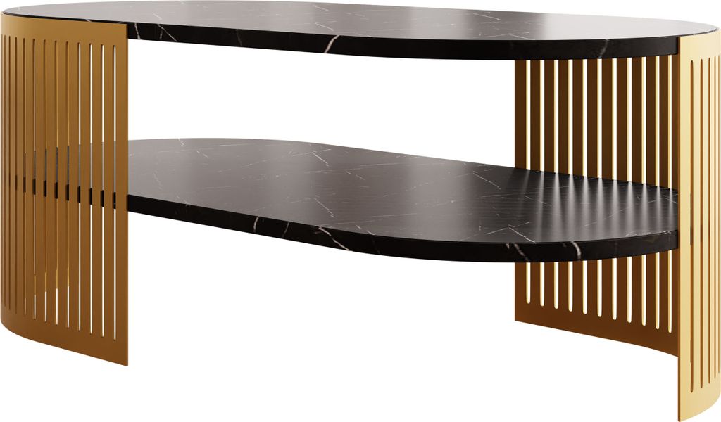 MIRJAN24 Couchtisch Fikoli Oval II Gold, Wohnzimmer Kaffeetisch, Gestell aus Stahl (Farbe: Gold / Black Pietra Grigia)