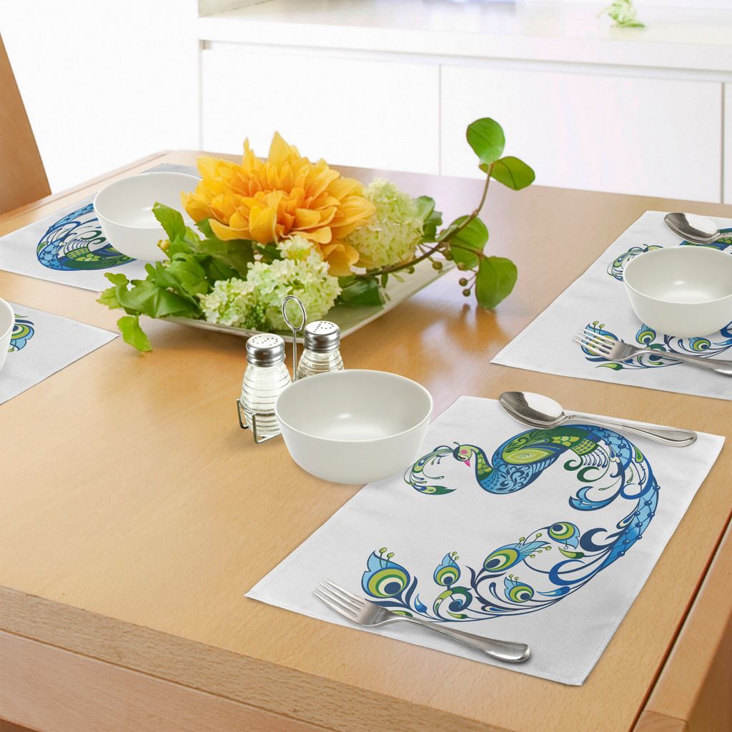 ABAKUHAUS Pfau Platzmatten, Pfau-Bunte Mode Curvy-Muster-Tropische Sommer-Blüte Flourish Artful, Tiscjdeco aus Farbfesten Stoff für das Esszimmer...