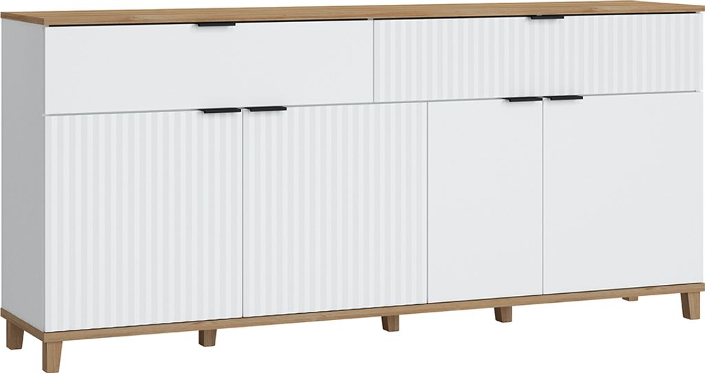 Sideboard mit 2 Schubladen, 4 Türen PLYMOUTH-129 in weiß mit Eiche Nb., B/H/T ca. 187,1/86,4/40 cm