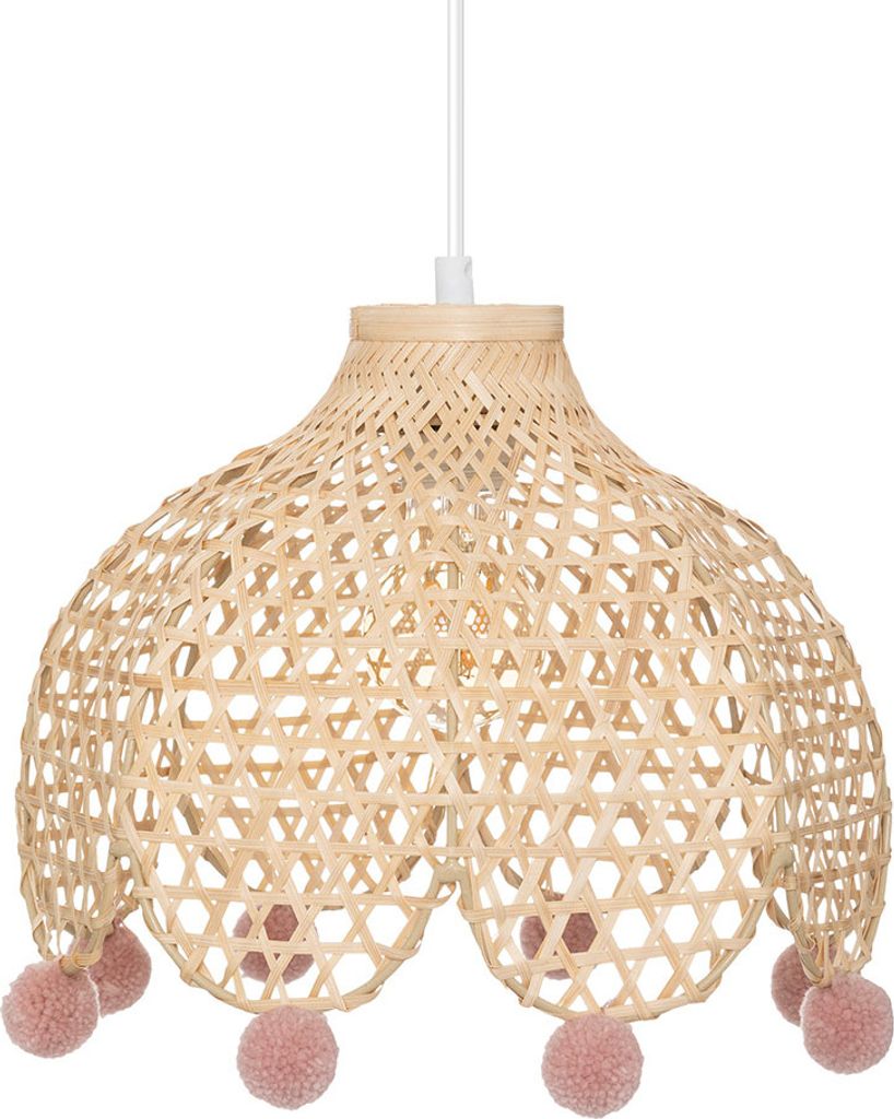 A hanging lamp made of woven bamboo with pink pom-poms hanging from the bottom.