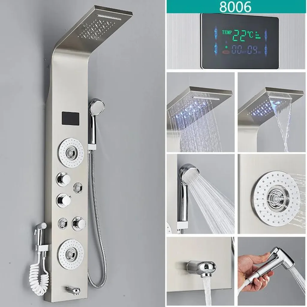Panneau de douche LED 8006 blanc en acier inox avec jet de massage
