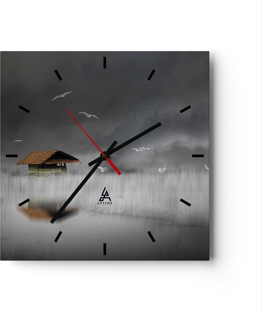 Wanduhr - Quadrat - Glasuhr - Hütte Nebel Sumpf - 40x40cm - Schleichendes Uhrwerk - Lautlos - zum Aufhängen bereit - Dekoration Modern - Wanddeko...