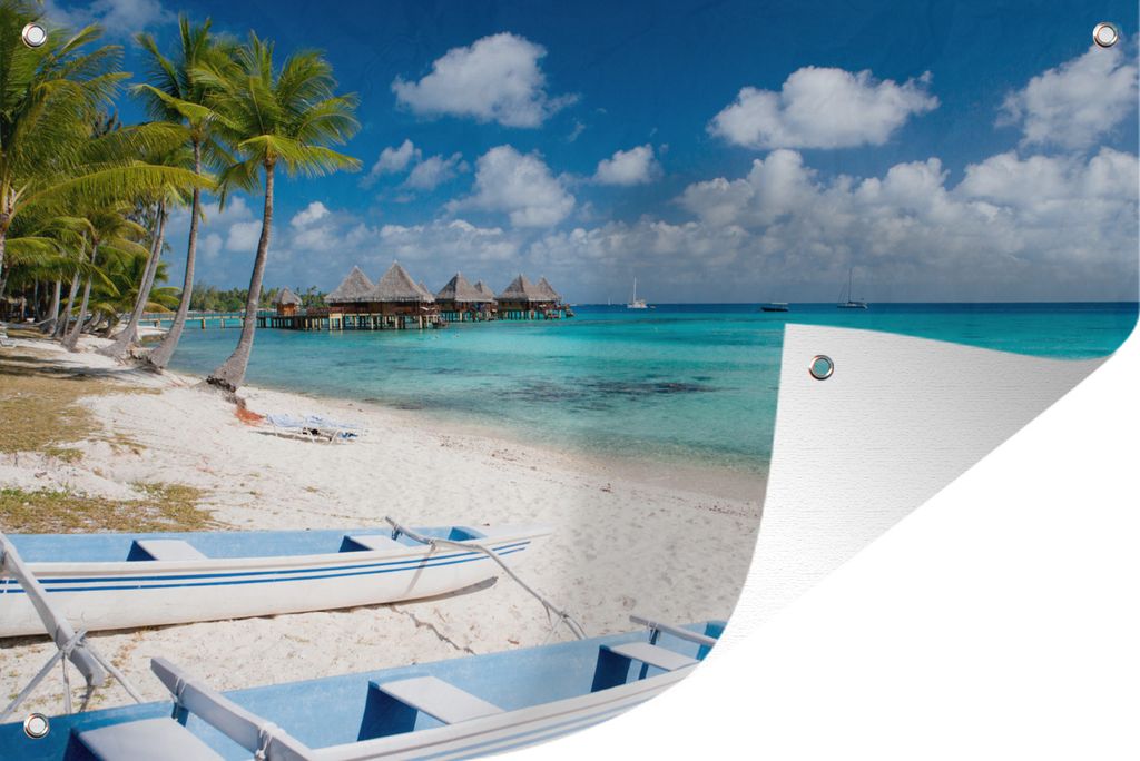 MuchoWow 60x40 cm Outdoor-Poster Gartendeko Sichtschutz Garten Poster für den Garten Ein tropischer Strand mit Bungalows