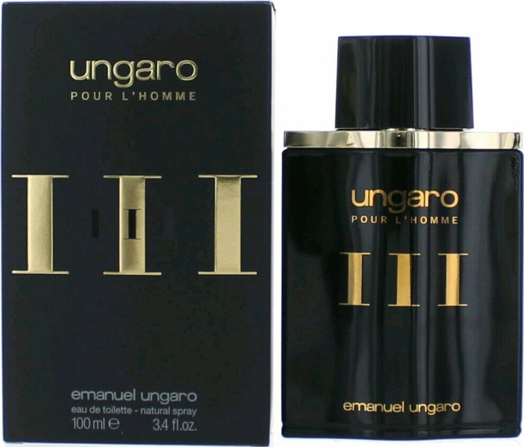 A black box and bottle of Emanuel Ungaro Homme III eau de Toilette for men.