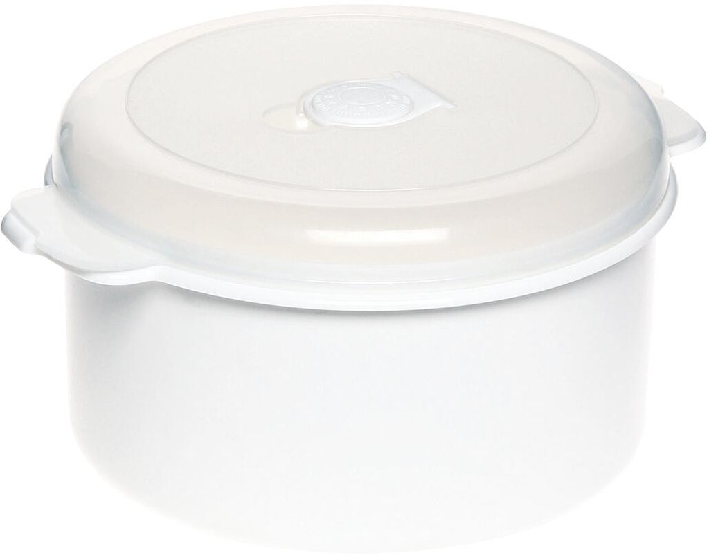 A white plastic container with a transparent lid, shown from a slightly elevated side angle against a white background.