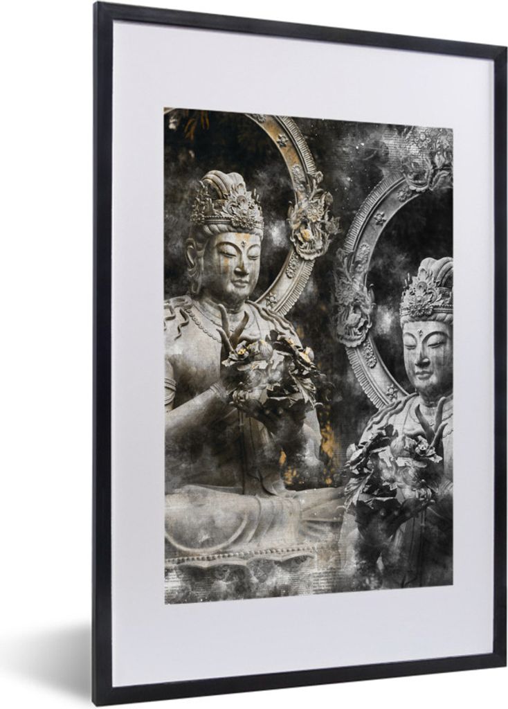 MuchoWow MuchoWow Gerahmtes Poster Buddha - Silber - Rauch 40x60 cm - Poster mit zchwarzem Bilderrahmen - Poster in Rahmen