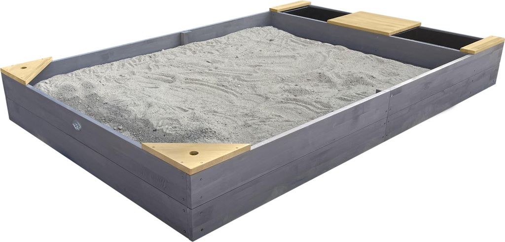 AXI Kelly Sandkasten aus Holz mit Sitzbank, Sitzecken & Behältern für z.B. Wasser | Sandbox für Kinder in Grau & Braun | 180 x 115 cm