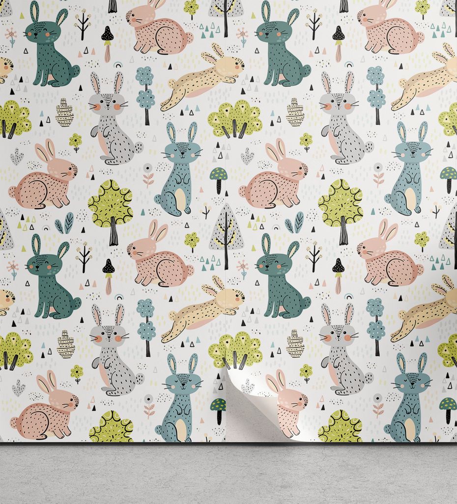 ABAKUHAUS Jungle Nursery abziehbare & klebbare Tapete für Zuhause, Lustige Pastel Bunnies, selbstklebendes Wohnzimmer Küchenakzent, 33 cm x 180 c...