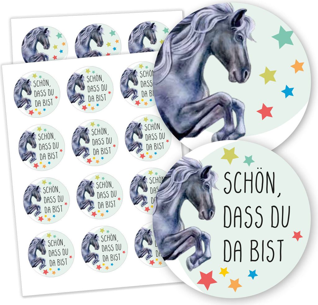 24 Deko-Aufkleber im Pferde Motiv I Ø 4 cm I für Mädchen I 12 Aufkleber mit Spruch und 12 Motiv-Sticker I Aufkleber für Einladungen oder als Ge...