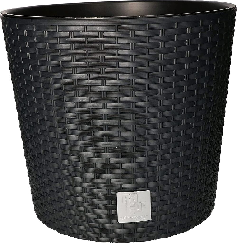 A black planter with a woven texture and a small silver logo plate on the front.