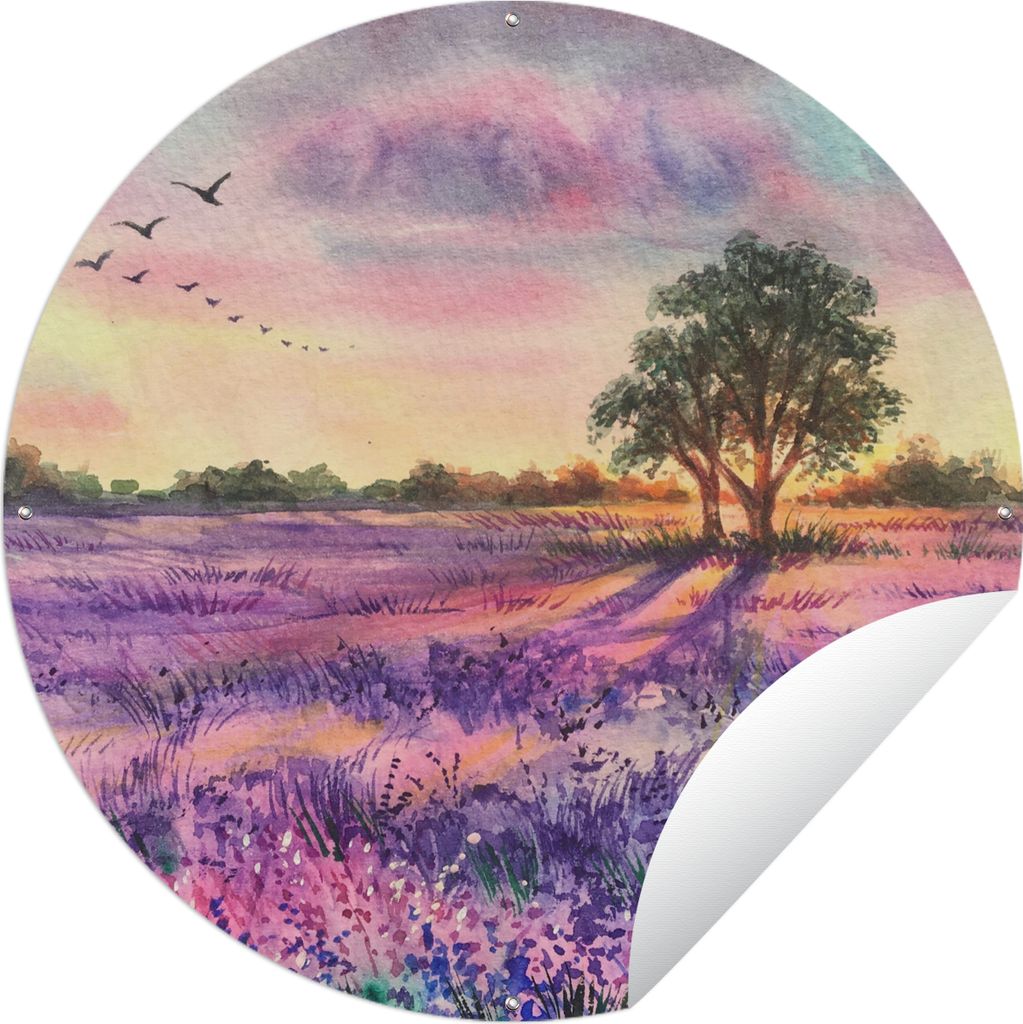 MuchoWow Gartenposter Outdoor-Poster Rund Lavendel - Farbe - Vögel - Bäume - Lila Ø 90 cm Gartendeko Rundes Poster draußen