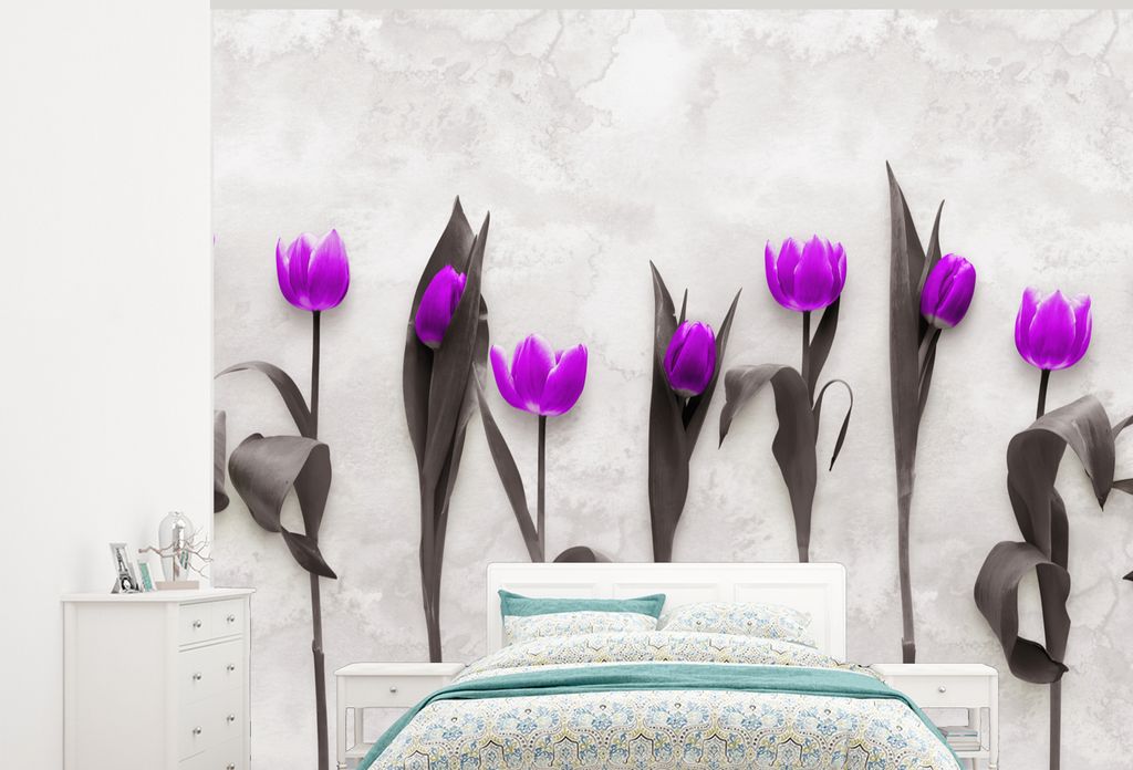 MuchoWow Fototapete für Wohnzimmer oder Schlafzimmer Wandtapete Vinyl Motivtapete Blumen - Tulpen - Lila - 275x220 cm - Gemustert