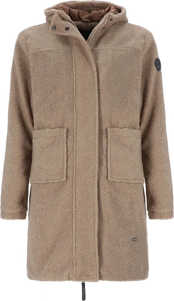 Wattlöper Damen Mantel Oversize aus Curly-Fleece mit Kapuze - Modischer Fleecemantel Kurzmantel in Schlamm Größe 48