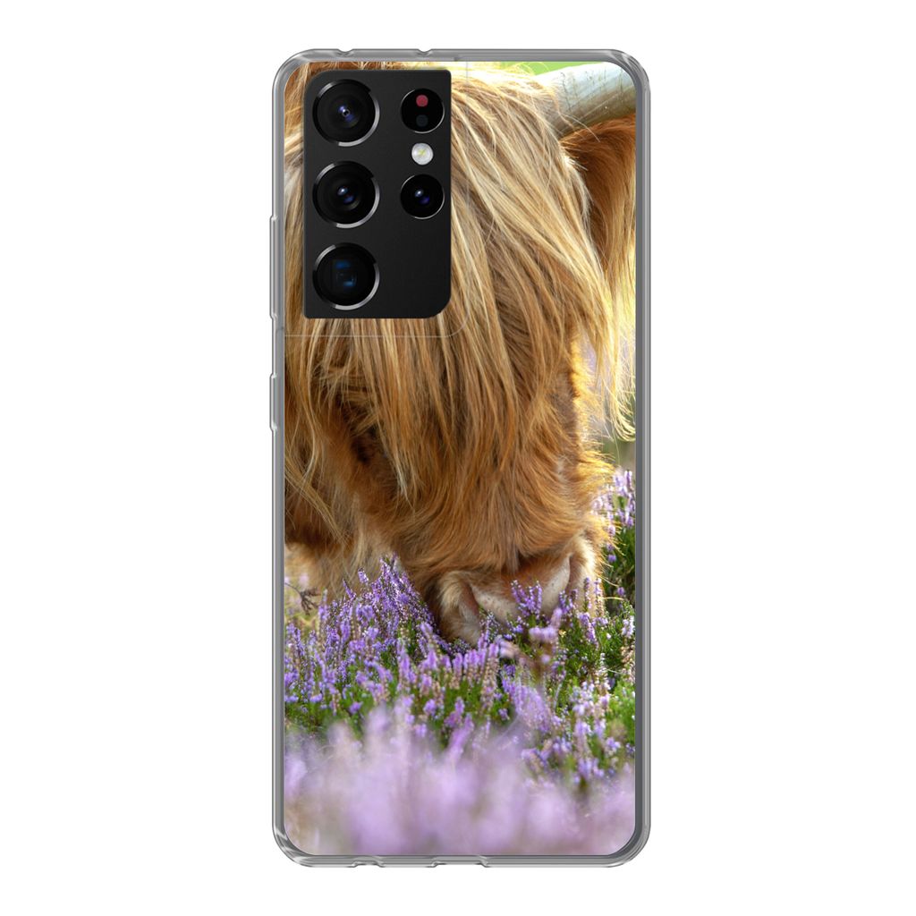 MuchoWow Handyhülle Schutzhülle Hülle für Samsung Galaxy S21 Ultra Schottische Highlander - Gras - Heidekraut - Tiere Silikon Softcase Handy ...