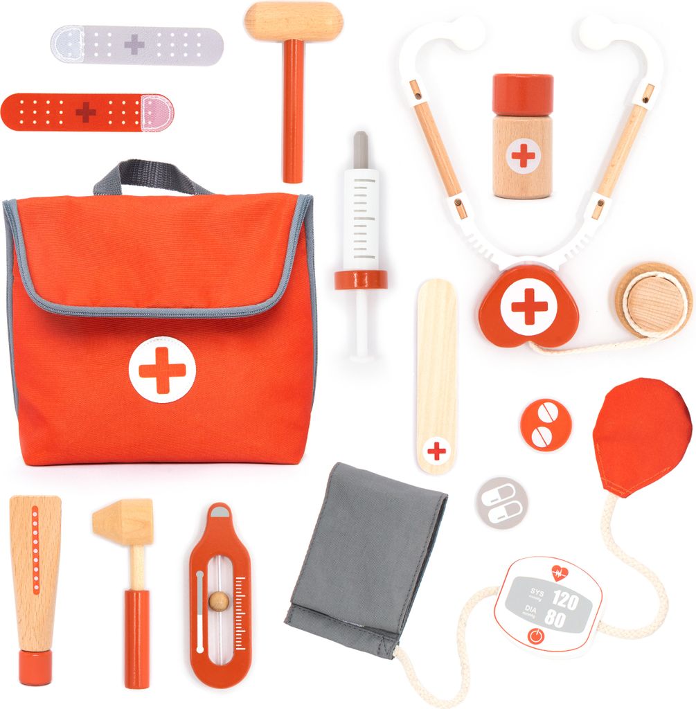 A collection of wooden toy medical instruments arranged on a white background.