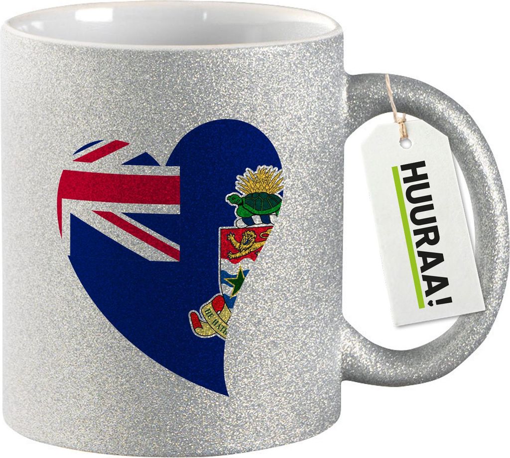 Huuraa Glitzertasse Kaimaninseln Flagge Herz 330ml Silber Keramik Kaffeebecher Geschenkidee