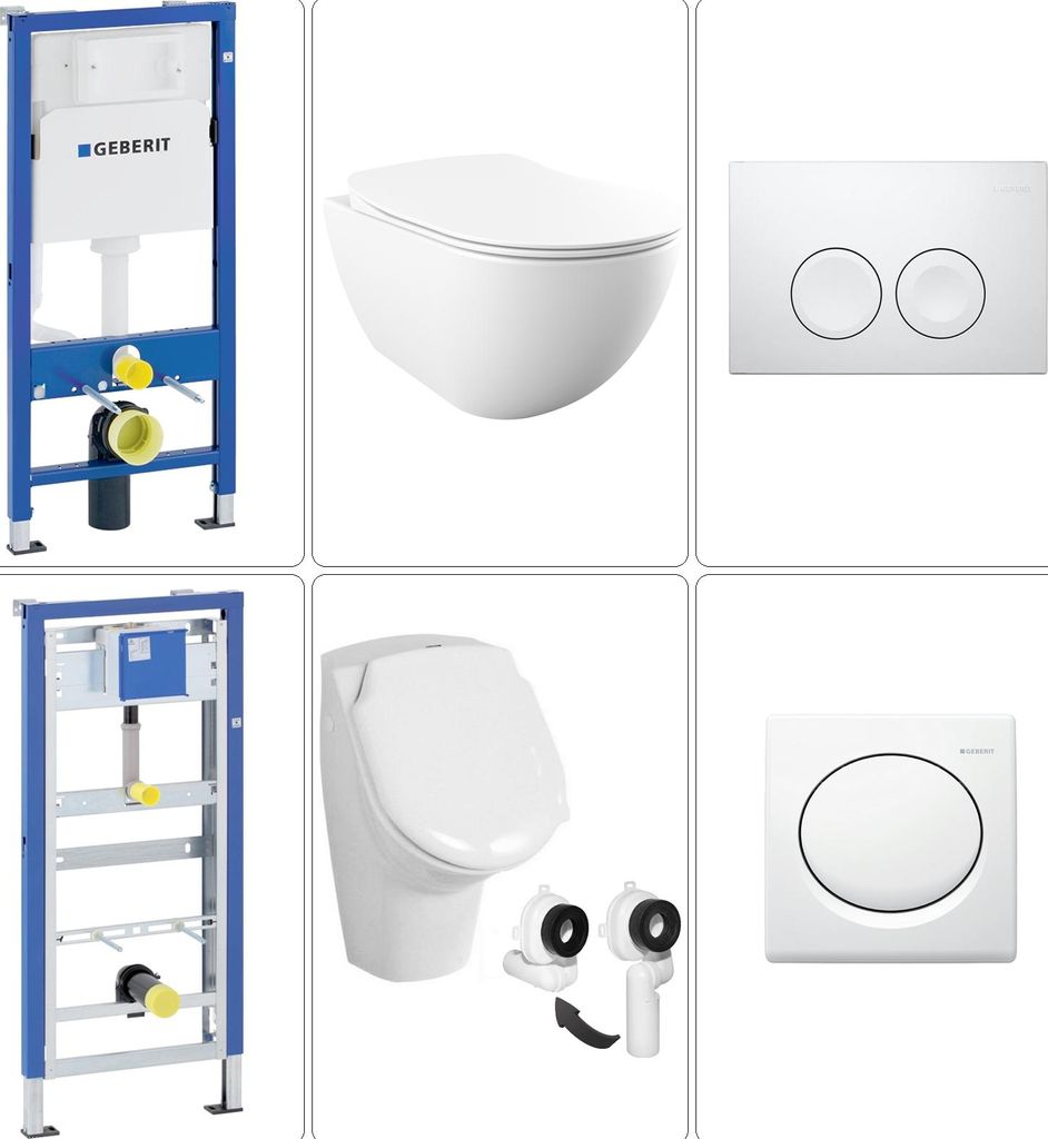 FREE Wand WC spülrandlos mit SoftClose WC-Sitz, Urinal & GEBERIT BASIC Vorwandgestelle + Betätigungsplatten, weiß