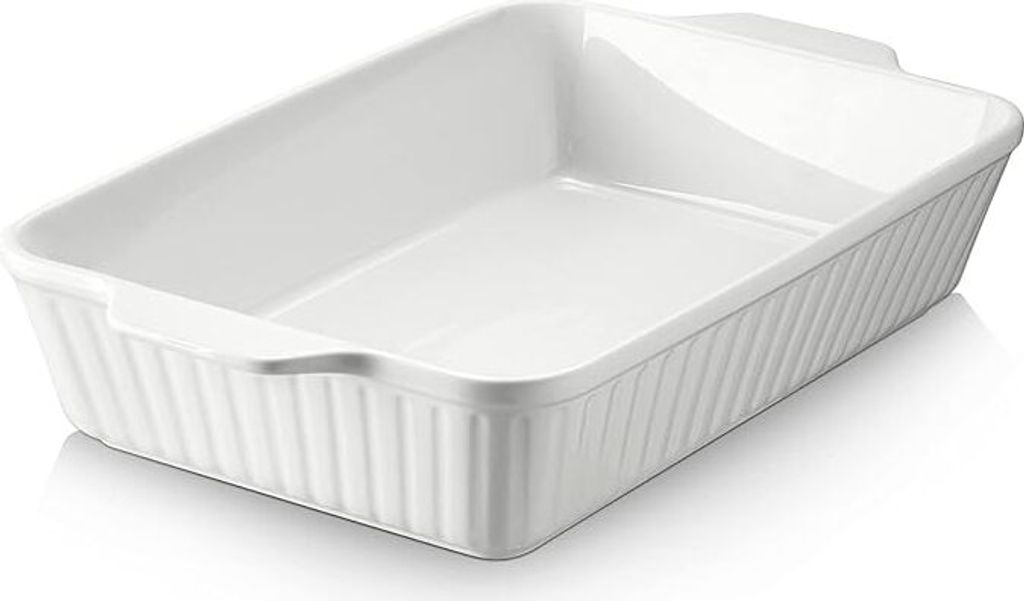 DOWAN Große Keramik Auflaufform 33 x 24 cm, Ofenfeste tiefe Backform mit 2 Griffen für Lasagne und Gratins, Spülmaschinenfest, Weiß