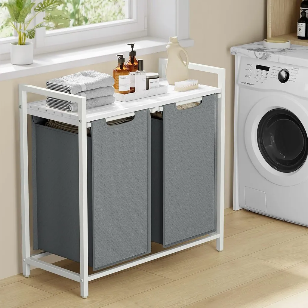 Panier à linge gain de place 2 compartiments blanc gris H71 cm robuste - 2