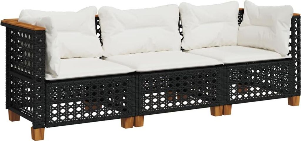 A three-seater outdoor sofa with black rattan-like base and white cushions, set against a white background.