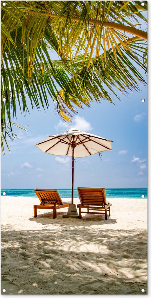 MuchoWow 80x160 cm Outdoor-Poster Gartendeko Sichtschutz Garten Poster für den Garten Strand - Strandkorb - Sonnenschirm