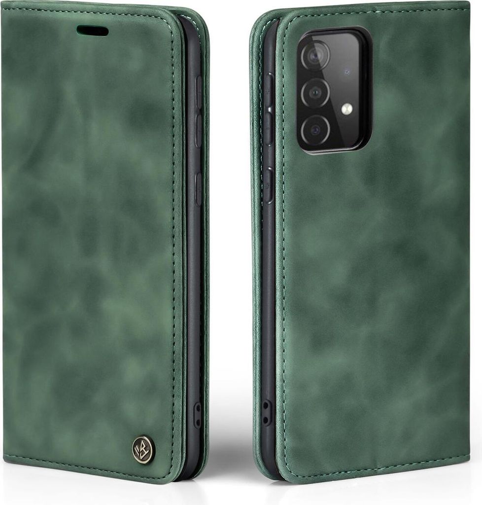 A green flip case for a Samsung Galaxy A52 phone, shown from the front and back.