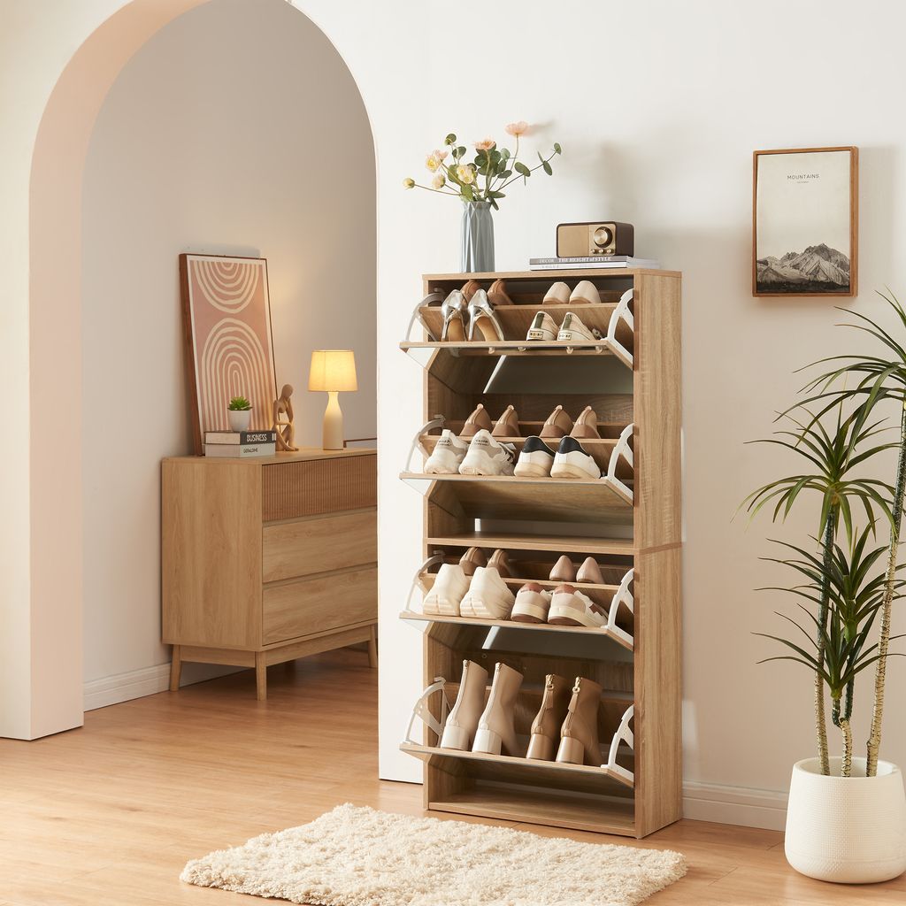 Schuhkipper 'Lund' mit 4 verspiegelten Klappen 134 x 60 x 24 cm Sonoma-Eichenoptik