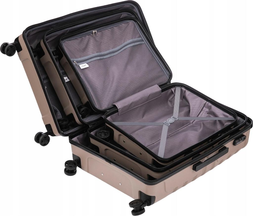 Three suitcases nested inside each other, with the largest one open.