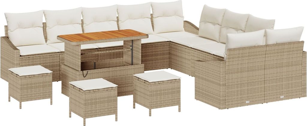 Möbel 14-teiliges Garten Sofa Set mit Kissen Beige Poly Rattan Akazie, 2-Sitzer Garten Sofa mit Stauraum & Kissen Beige Poly Rattan, 4-teiliges Ga...