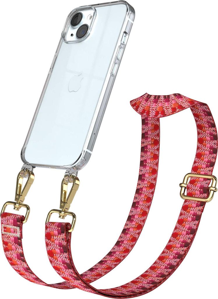 EAZY CASE Handykette - Verstellbarer Trageriemen kompatibel mit Apple iPhone 15, Handykordel mit transparenter Silikon-Hülle, Karabiner Gold, Zick...
