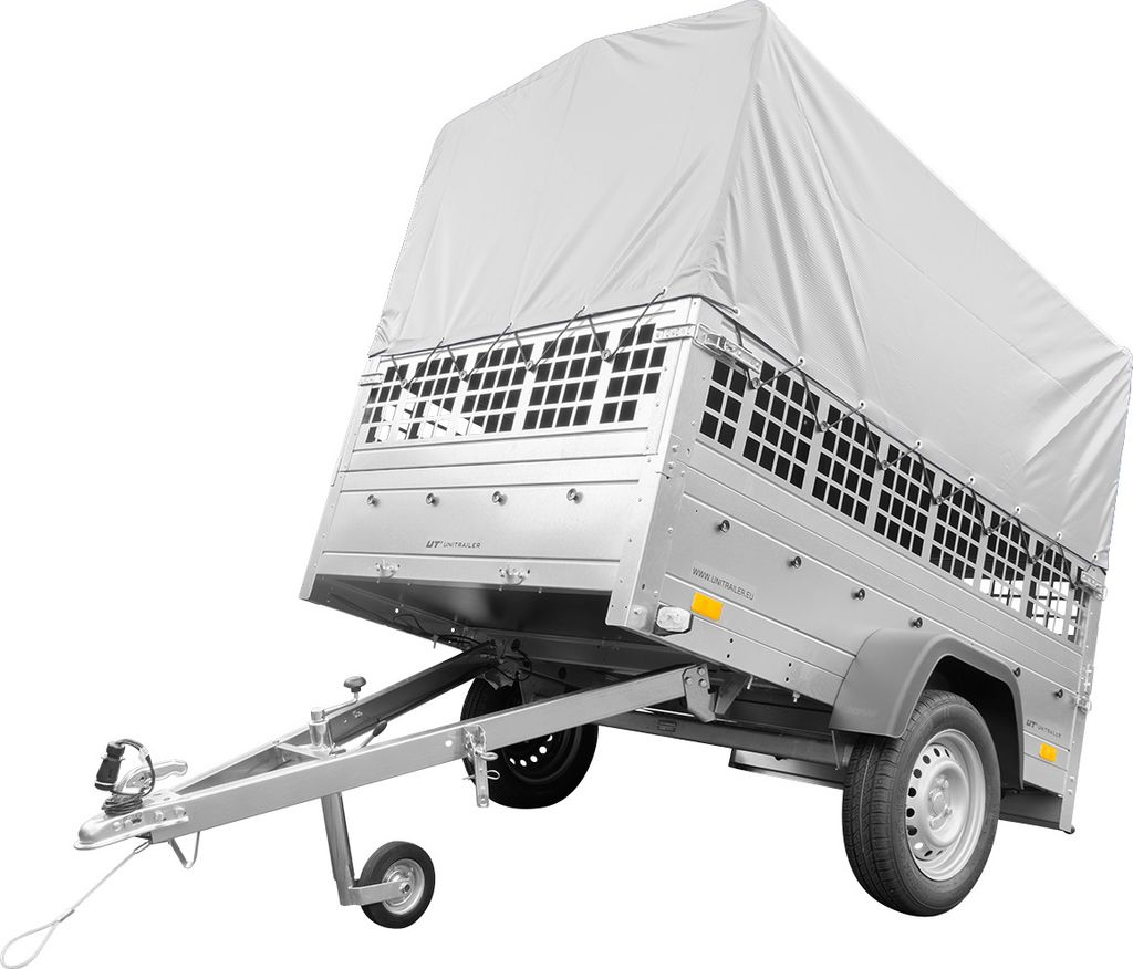 Planen-Anhänger 200x125 Garden Trailer 201 KIPP mit Laubgitteraufsatz, grauer Hochplane, Hochspriegel und Stützrad