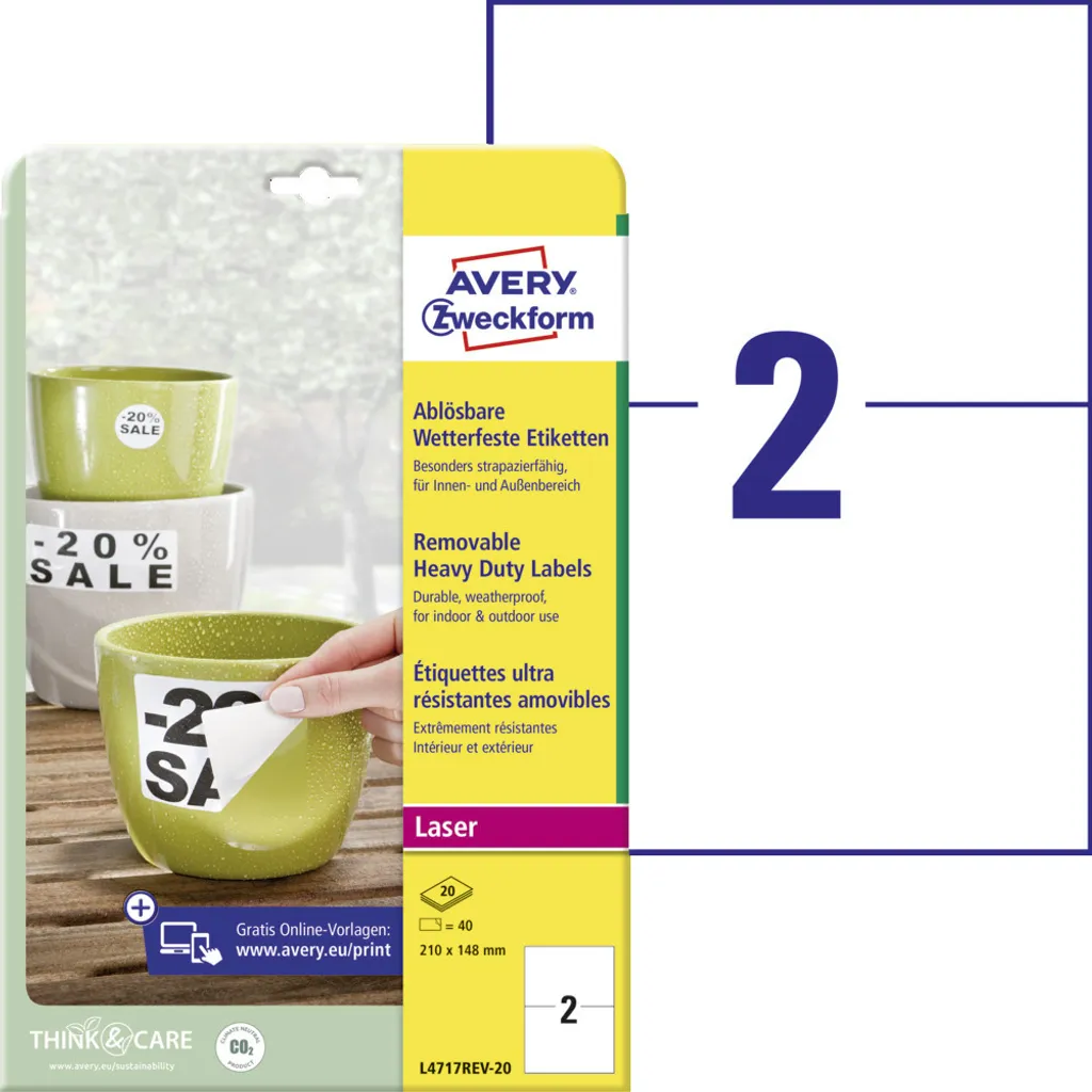 Avery Zweckform - poliestere - opaco - adesivo rimovibile - bianco - 210 x 148 mm 40 etichette (20 fogli x 2) resistenti all'acqua (L4717REV-20)