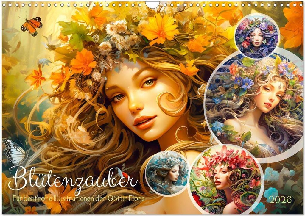 Blütenzauber - Farbenfrohe Illustrationen der Göttin Flora (Wandkalender 2026 DIN A3 quer), CALVENDO Monatskalender