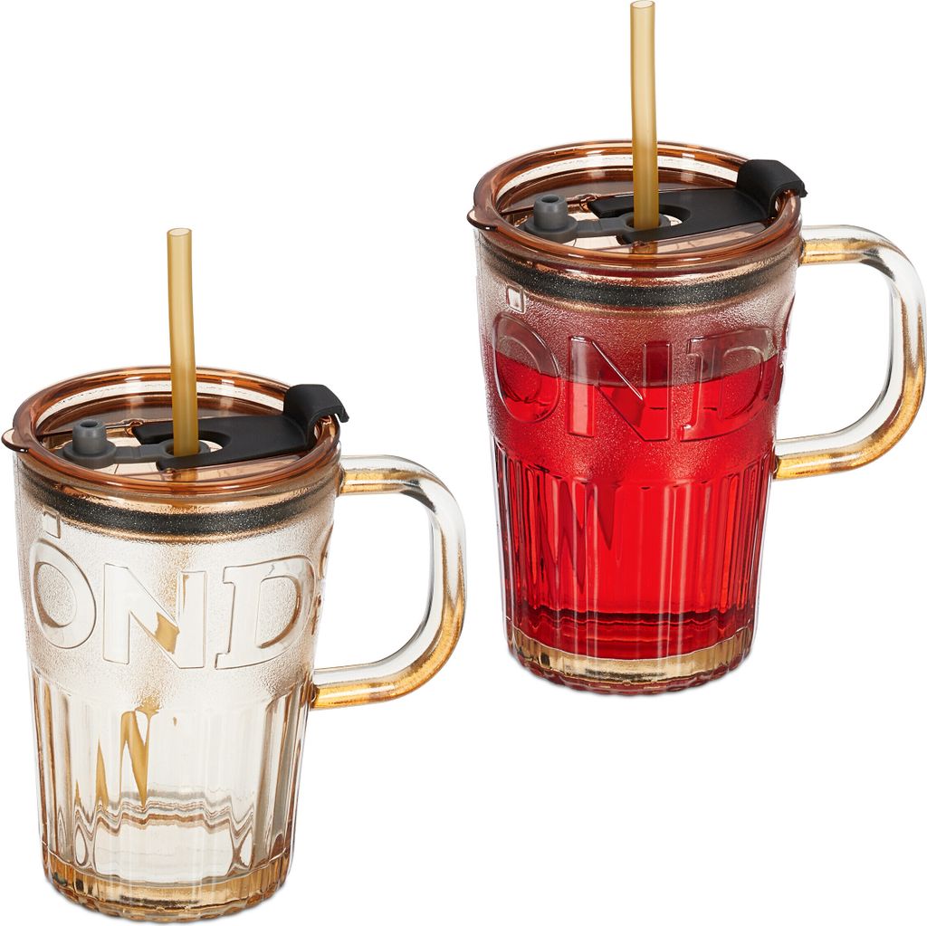Relaxdays Trinkgläser 2er Set, Getränkebecher mit Deckel & Produktbild 