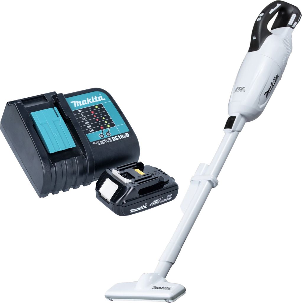 Makita DCL 281 FSY1W Akku Staubsauger 18 V weiß Brushless + 1x Akku 1,5 Ah + Ladegerät