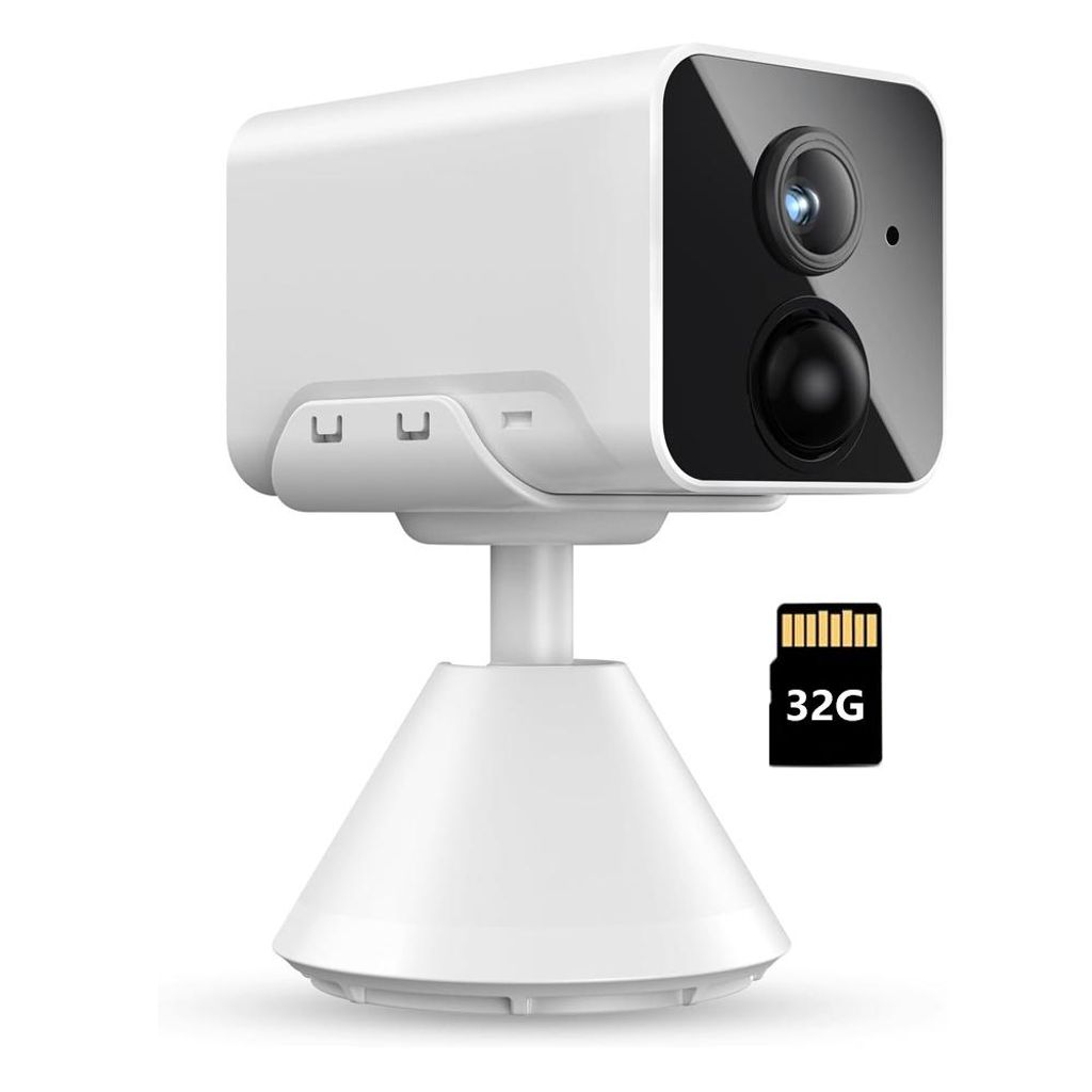A white security camera with a stand and a 32GB SD card.